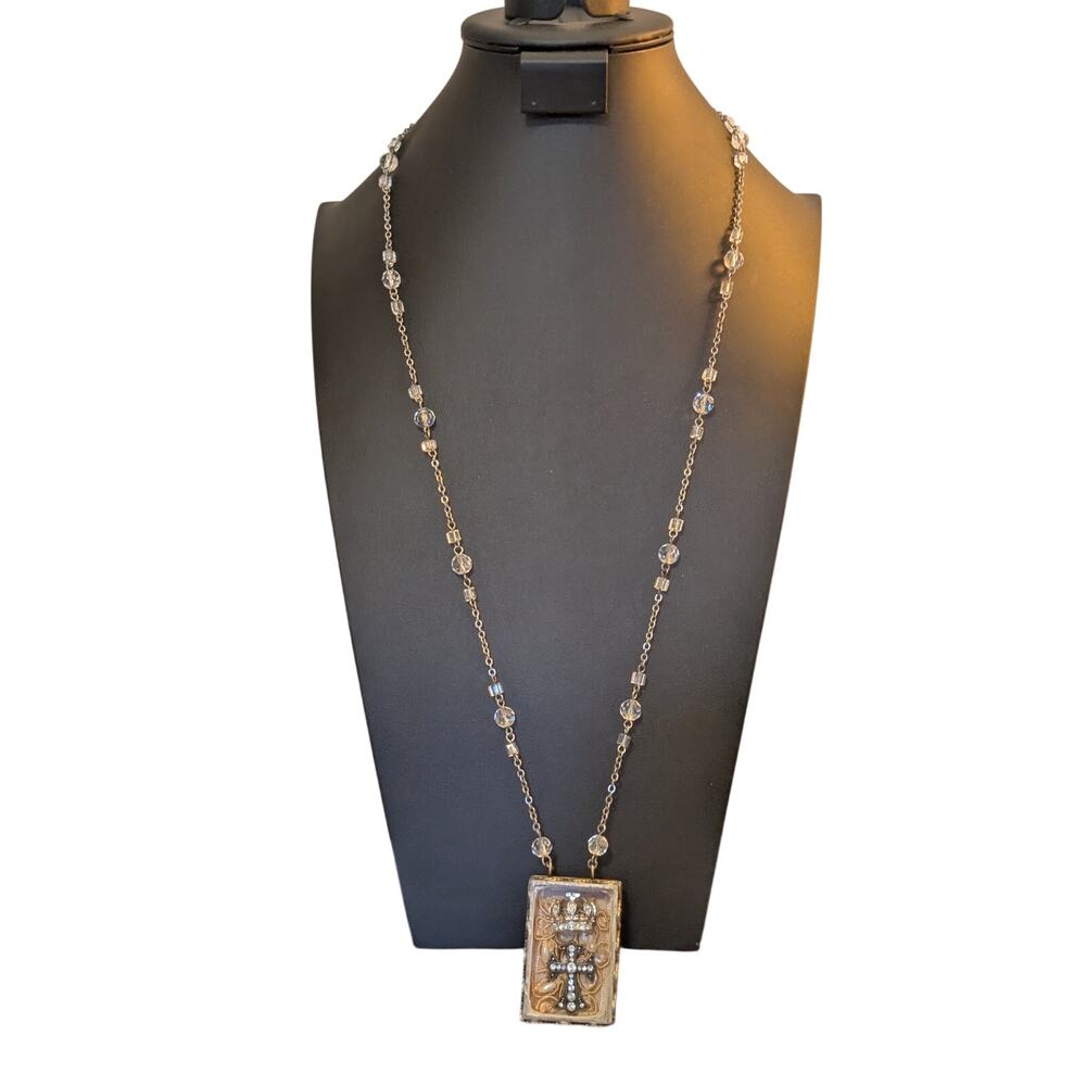NWT The Gilded Life Shadow Box Cross Crown Crystal Faux Pearl Chain Necklace